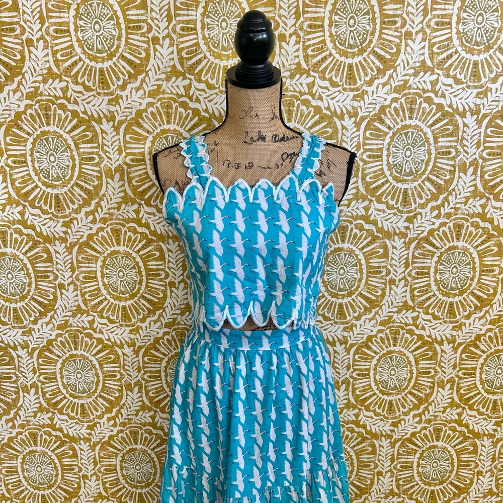 Victoria Dunn Lupine Scalloped Cotton Crane Print Top Skirt Set Sz XS RARE - Picture 7 of 15